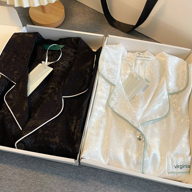 Spring new foreign trade couple pajamas Ice Silk long-sleeved trousers thin women's Jacquard Ice Silk light luxury home wear