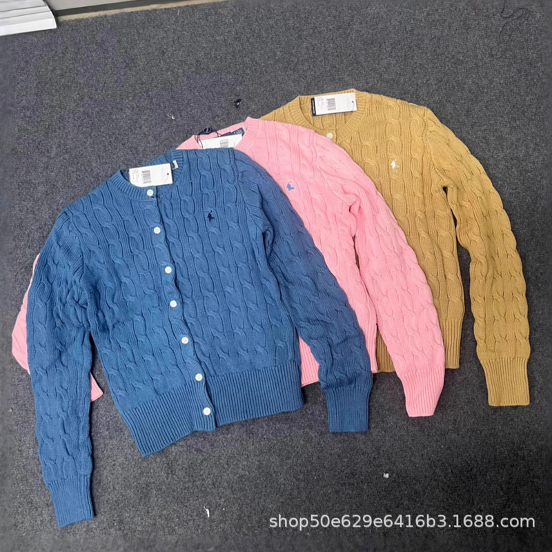 In-Stock 25 Autumn Rl Laff Cotton Mid-Twist Knit Sweater Cable Knit Cardigan Jacket Pony Label Women's Top