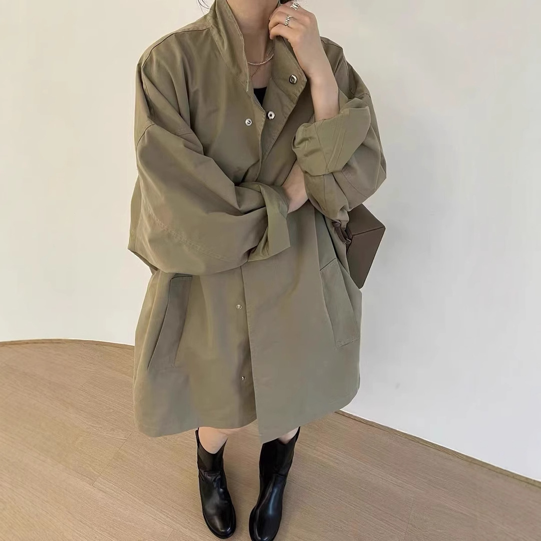 工厂春装韩国chic薄款慵懒风立领宽松休闲长袖中长款风衣外套女