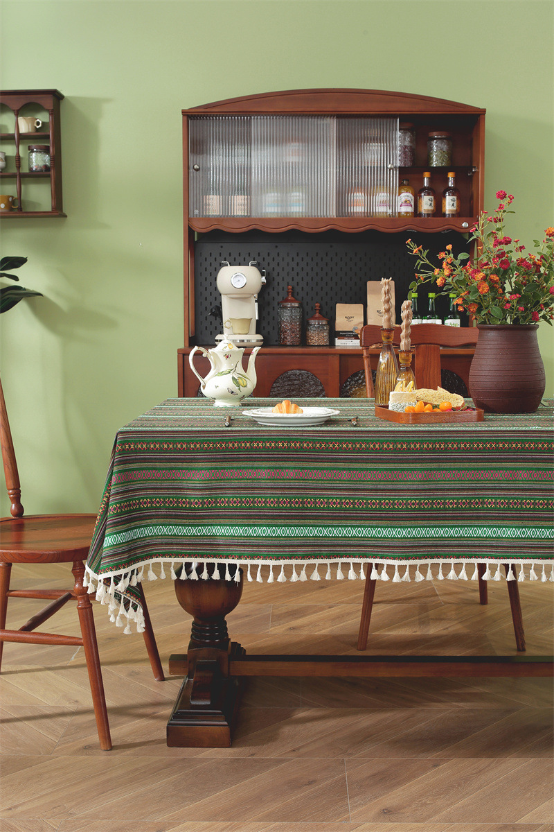 Nappe En Jacquard Style Ethnique Américain Avec Franges Et Dentelle_voghion.com