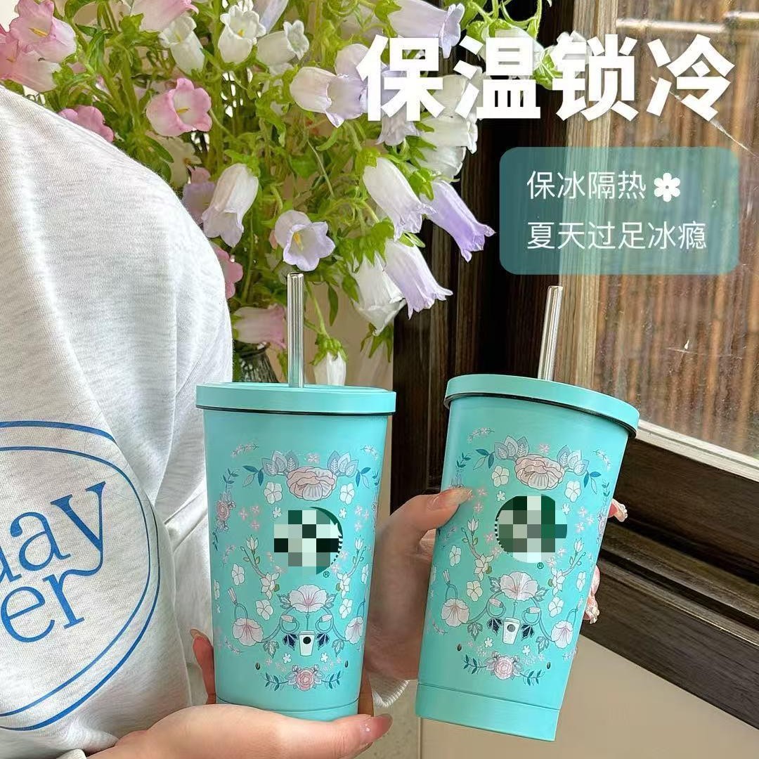 2025年星爸爸春日花吸管杯高颜值500ml搭容量不锈钢杯防漏便便携.
