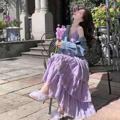 フレンチジェントルスタイル甘いサスペンダーパープルドレス女性の夏の新しい海辺の休暇ビーチドレスノースリーブロングドレス
