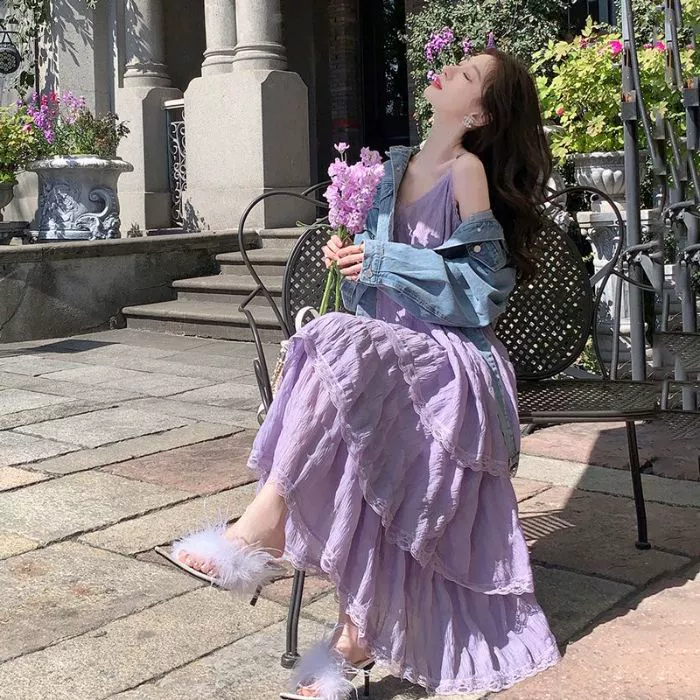 Французское нежное стильное фиолетовое платье на подтяжках, женское летнее новое пляжное платье для отдыха на море, длинное платье без рукавов