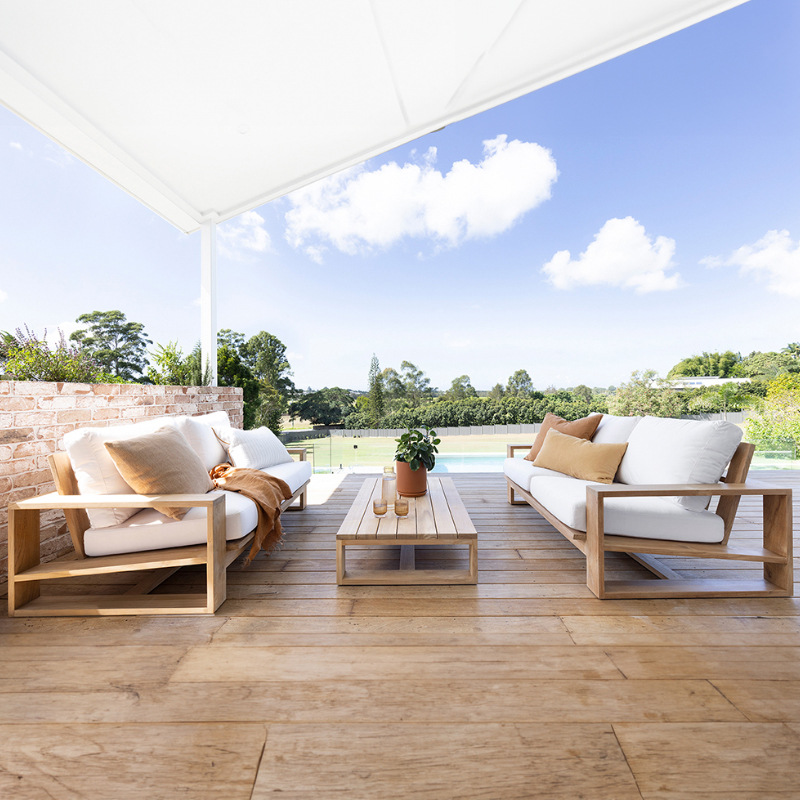 Sofá de exterior, madera maciza, patio, jardín, hotel, villa, ocio al aire libre, teca anticorrosión, muebles impermeables y resistentes al sol para exteriores. image 4