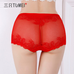 Three Rabbits Beautiful Mid-waist Lace Sexy Panties Women's Seamless Red Temptation Briefs See-through Cotton Crotch Christmas