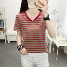 抖音爆款胖mm加肥加大码宽松纯棉短袖T恤女夏季条纹体恤V领上衣服
