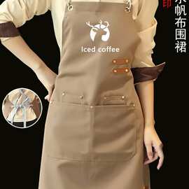 帆布围裙定制ogo印字餐饮专用奶茶花店咖啡烫染师防水工作服跨境