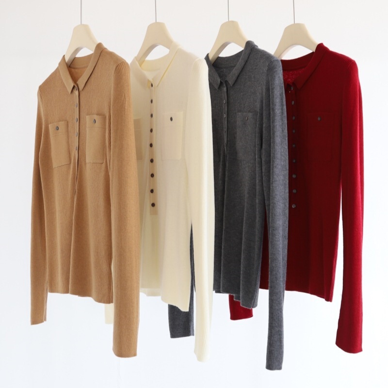Commuter-Style Small Lapel Knit Sweater, Wool Blend, Long-Sleeved, Delicate Small Buttons, Pullover Sweater, Inner Layer Top
