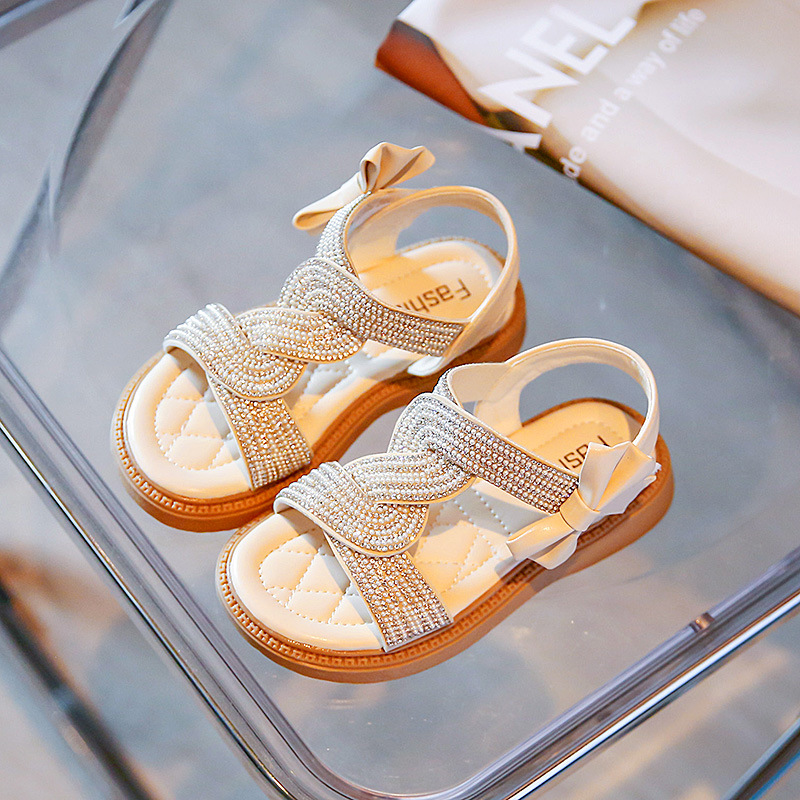 Sandalias nuevas de verano para niña, zapatos romanos con diamantes de agua y perlas para niño grande, sandalias de princesa a la moda, 2024_voghion.com