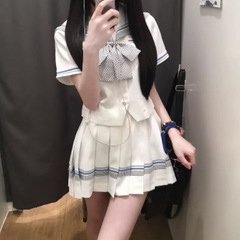 日本のカレッジスタイル JK 制服スーツ女性の夏のセーラースーツウエストトップハイウエストプリーツスカート 2 点セット