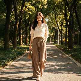2026夏季新款女装裤子垂感直筒冰丝裤松紧腰阔腿显瘦显高九分裤