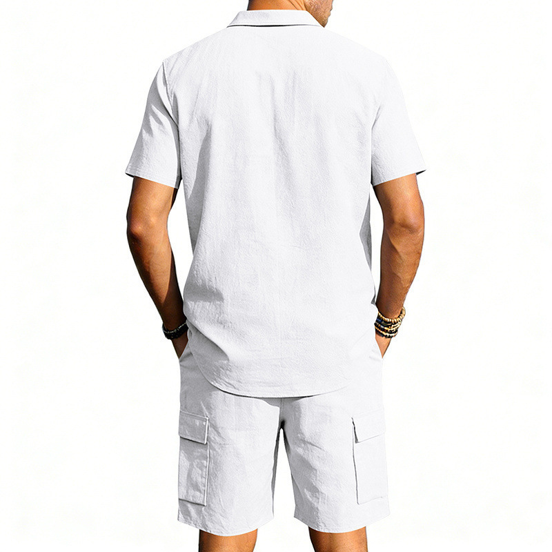 Men's Summer Linen Shirt And Work Shorts Set Casual Sports Outdoor Loose Fit Short Sleeved Collared Suit_viptrois.com