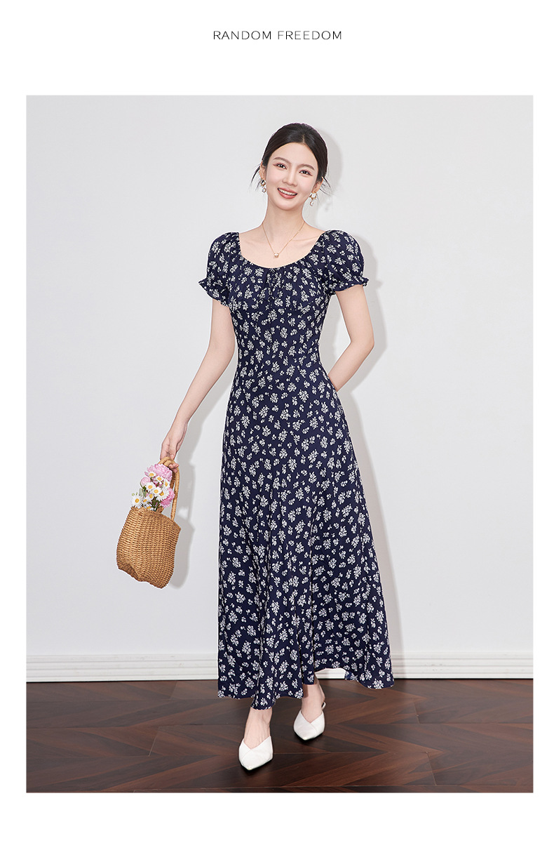 Váy liền maxi nữ phong cách Pháp cổ ren in hoa thắt eo — Màu xanh lam chi tiết 10