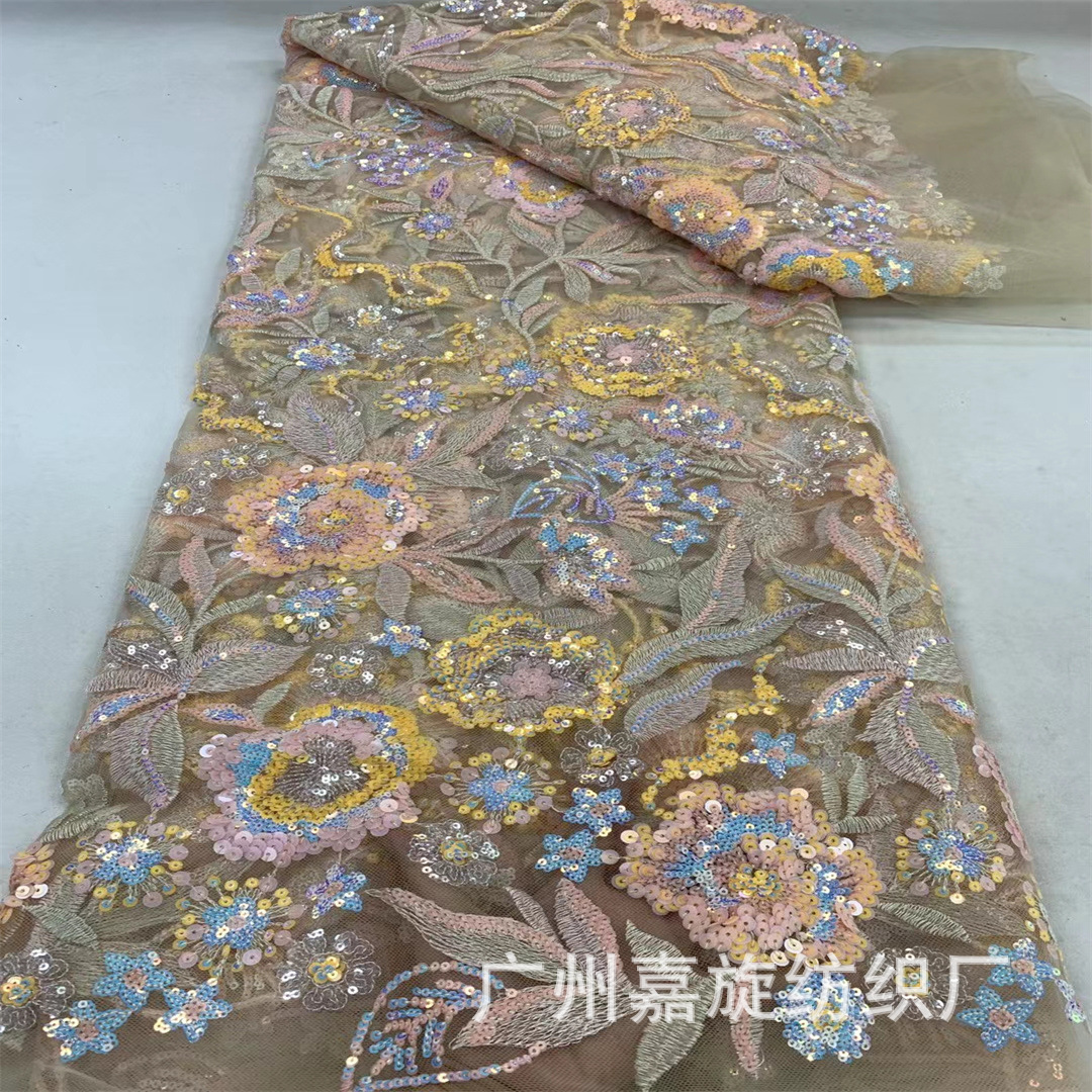 Tejido de bordado de cuentas pesadas tridimensional laminado bordado malla de encaje sequinado vestido diseñador tela