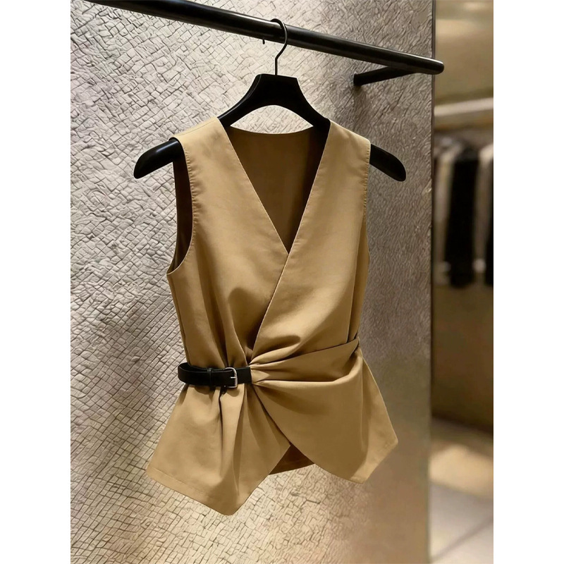 Unique and Chic Commuter Style V-Neck Sleeveless Vest for Women in Khaki with a Waist-Cinching Tie Design, Stylish Top 2026