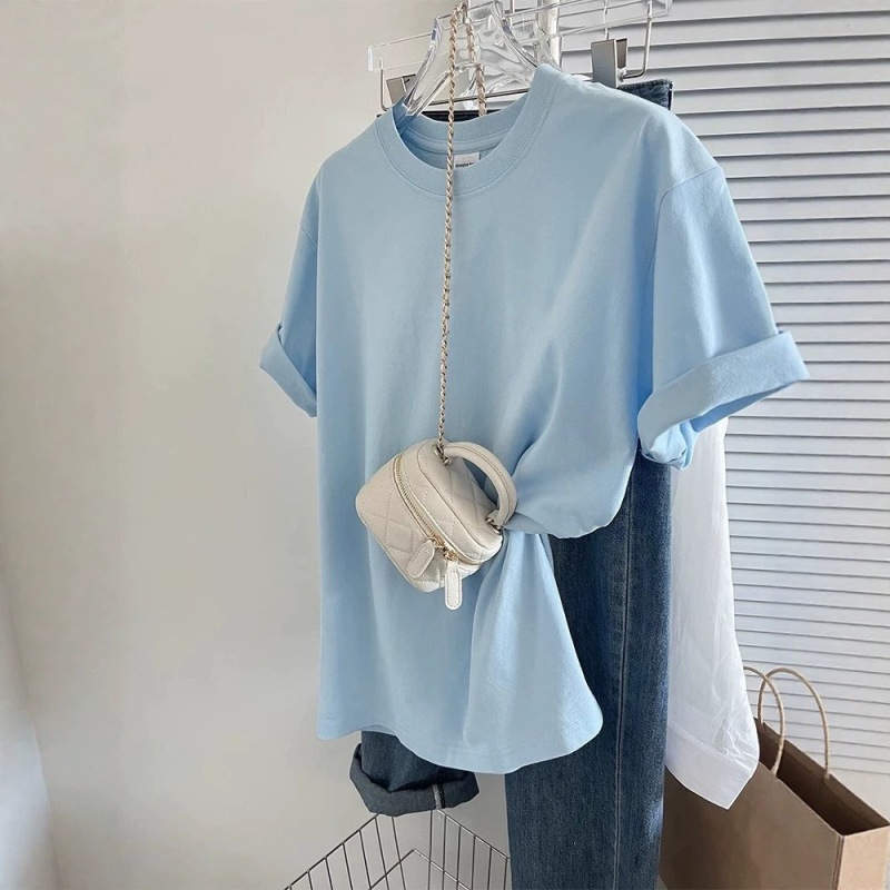 Pure Blue Short-Sleeved T-Shirt for Women, New Summer Style, Loose and Slimming, Solid Color, Simple and Versatile Half-Sleeved Top