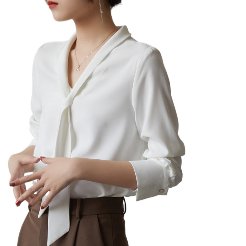 2025年春秋新款通勤气质白色衬衫女飘带衬衣女士职业雪纺面试上衣|undefined