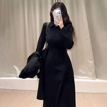 小个子长袖黑色连衣裙子女秋冬季2024新款打底内搭衬衫长裙高级感