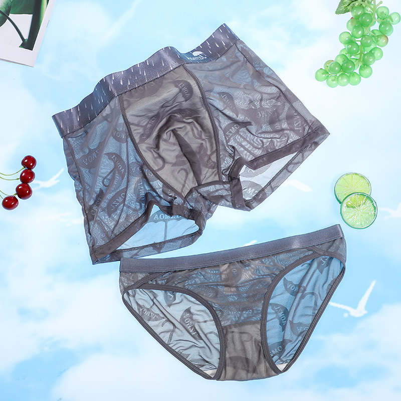 New ice silk sexy couple jacquard underwear breathable women's briefs mid-waist men's boxer shorts