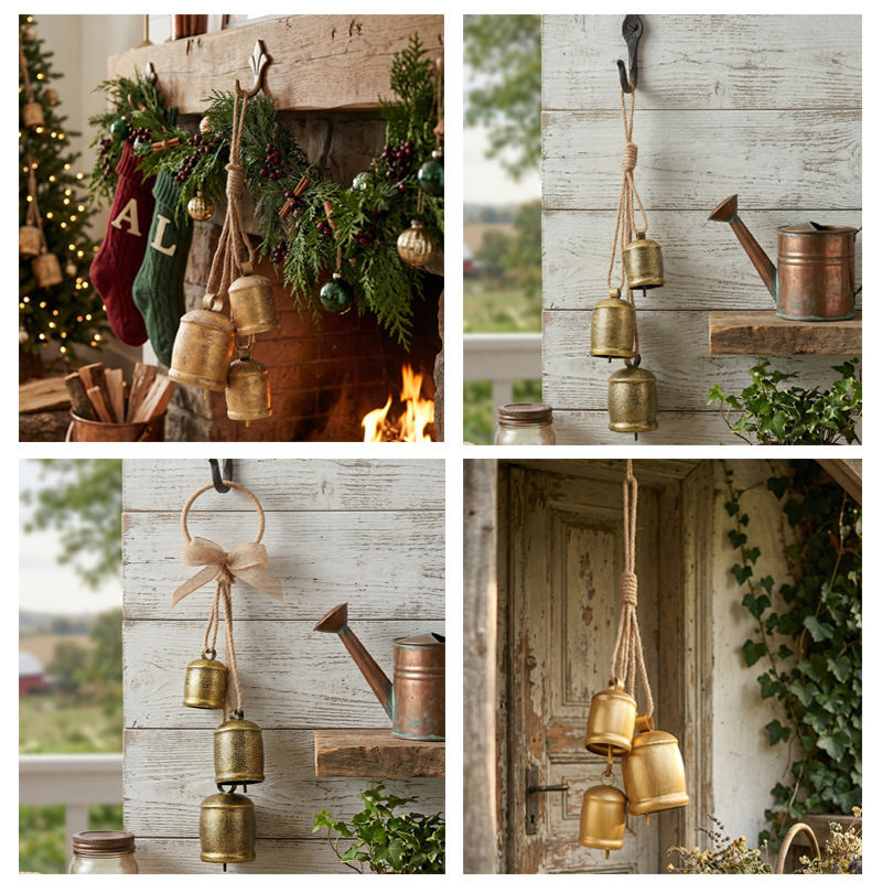Popular Christmas Bell Pendant for Outdoor Garden, Vintage Metal Cow Bell, Distressed Bell Decoration