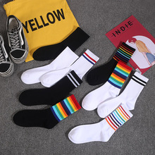 袜子女ins网红彩虹袜子条纹棉袜韩国运动韩版学院风女生中筒潮袜