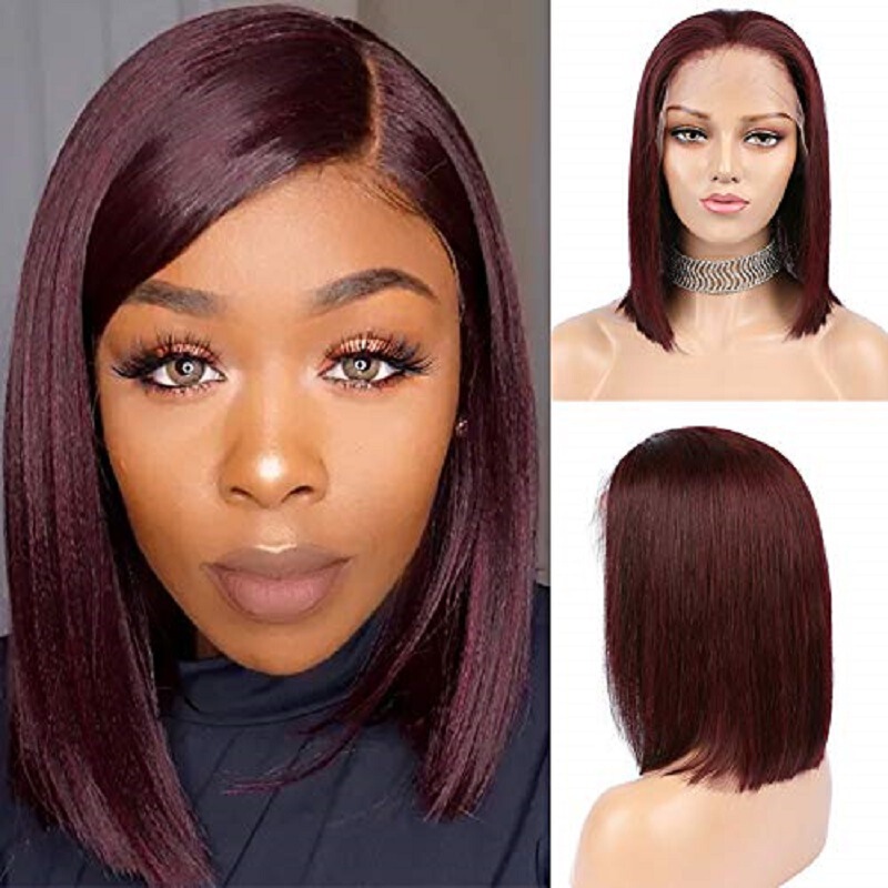 Cross-Border European and American Hot-Selling Wig, Lace Front Burgundy Short Straight Hair, Bob Free Part, Factory Direct Sale