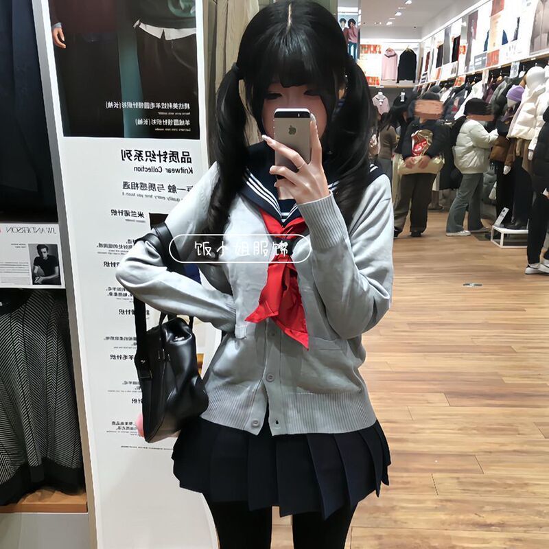Original Jk Uniform Knitwear Thin Cardigan Long-Sleeve Jacket College Style Basic Layering Sailor Suit Short Skirt for Women