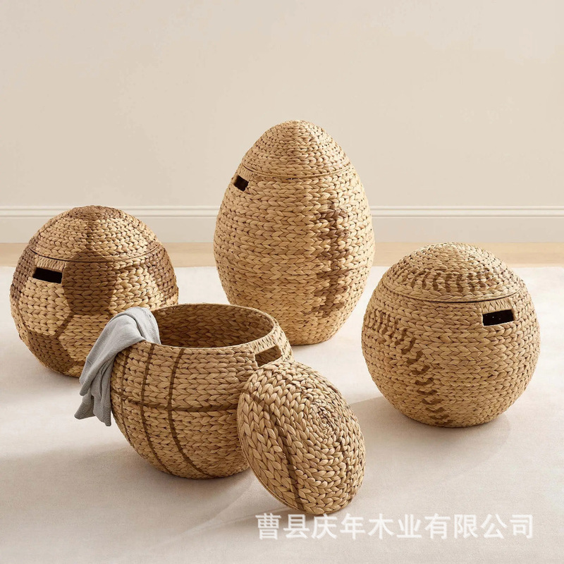 Straw Hand-Woven Storage Basket Rugby-Shaped Dirty Clothes Basket Storage Basket with Lid Round Gourd Straw Storage Basket