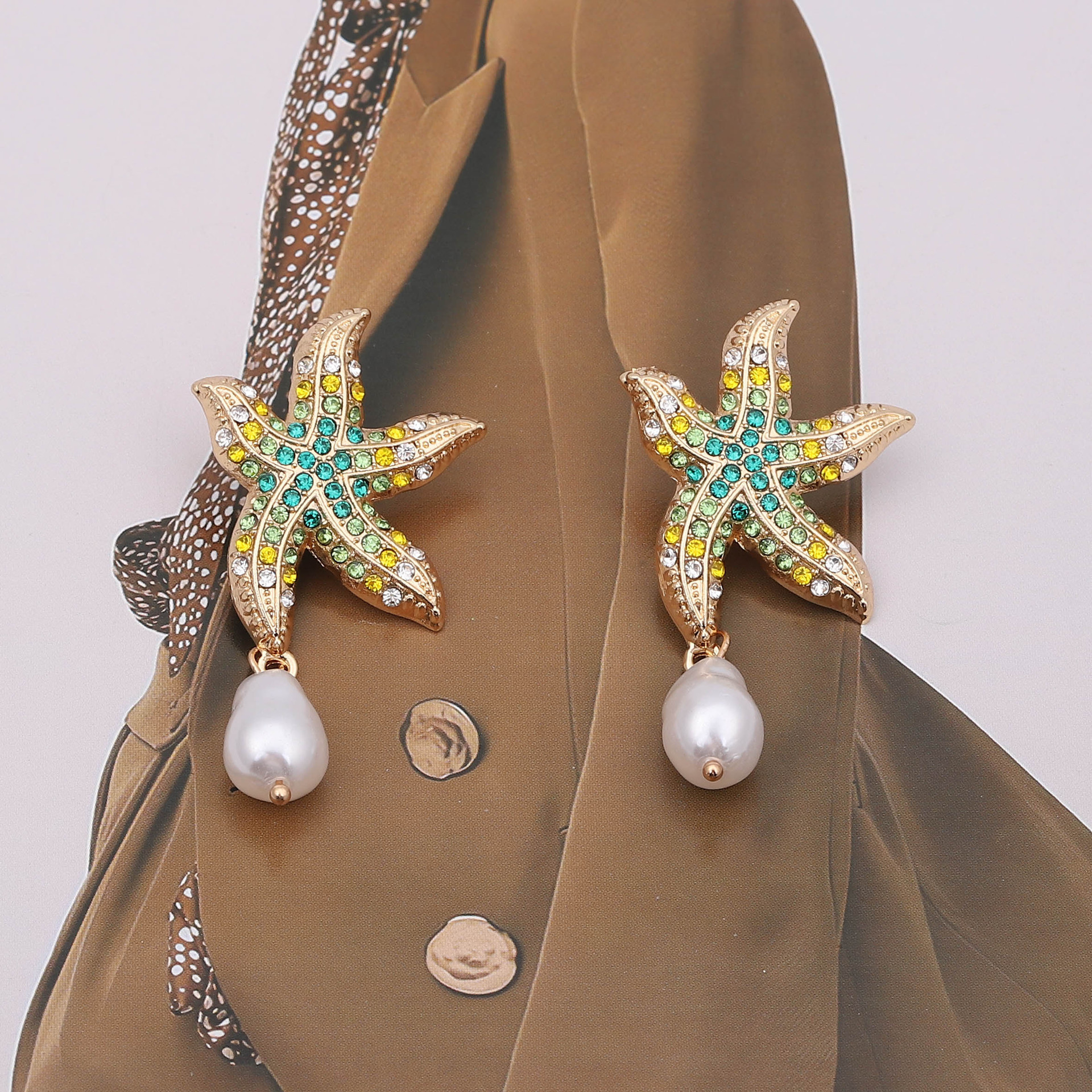 Starfish Pattern 1 Pair Casual Beach Starfish Inlay Zinc Alloy Rhinestones Pearl Drop Earrings