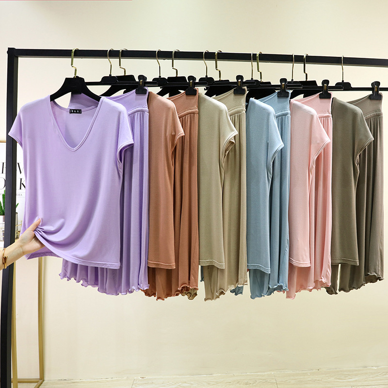 Modal V-Neck Sleeveless Top with Drawstring and Ruffled Edges, Plus-Size Casual Loungewear with Cropped Straight-Leg Pants Modal V-Neck Sleeveless Top with Drawstring and Ruffled Edges, Plus-Size Casual Loungewear with Cropped Straight-Leg Pants