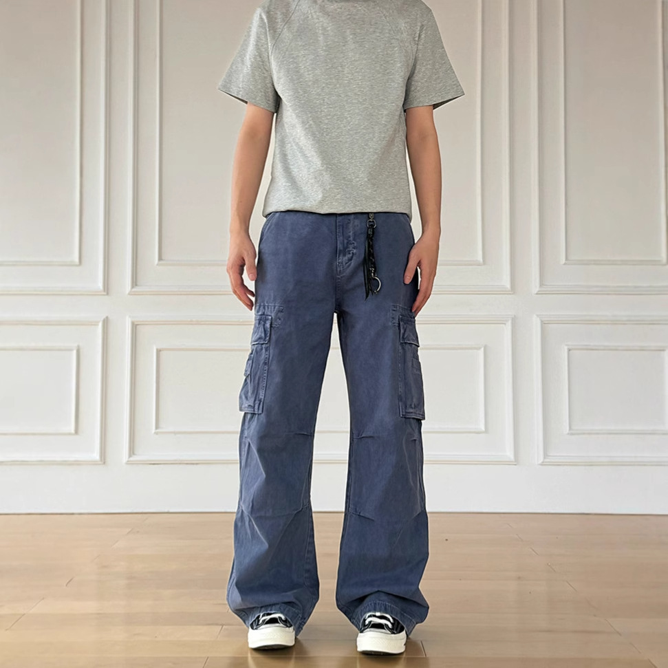 Vintage Blue French Multi-Pocket Cargo Pants for Men, Washed and Distressed, Loose Straight Wide-Leg Durable Floor-Length Trousers