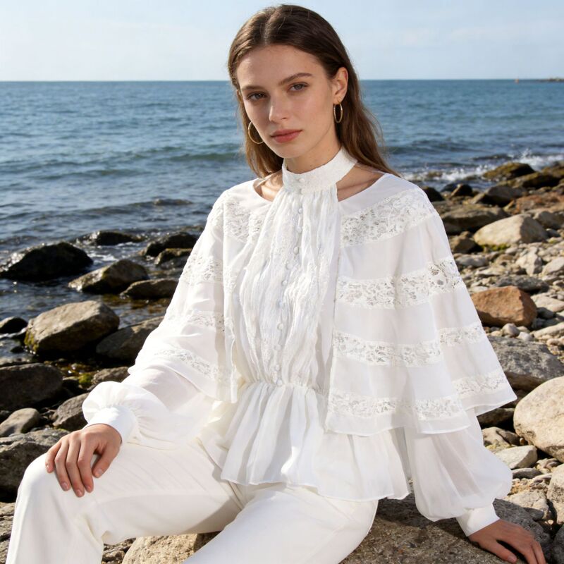 2026 Autumn New High-End Solid Color Collared Top with Lace Patchwork, Slimming Design, Women's Shirt 2026 Autumn New High-End Solid Color Collared Top with Lace Patchwork, Slimming Design, Women's Shirt