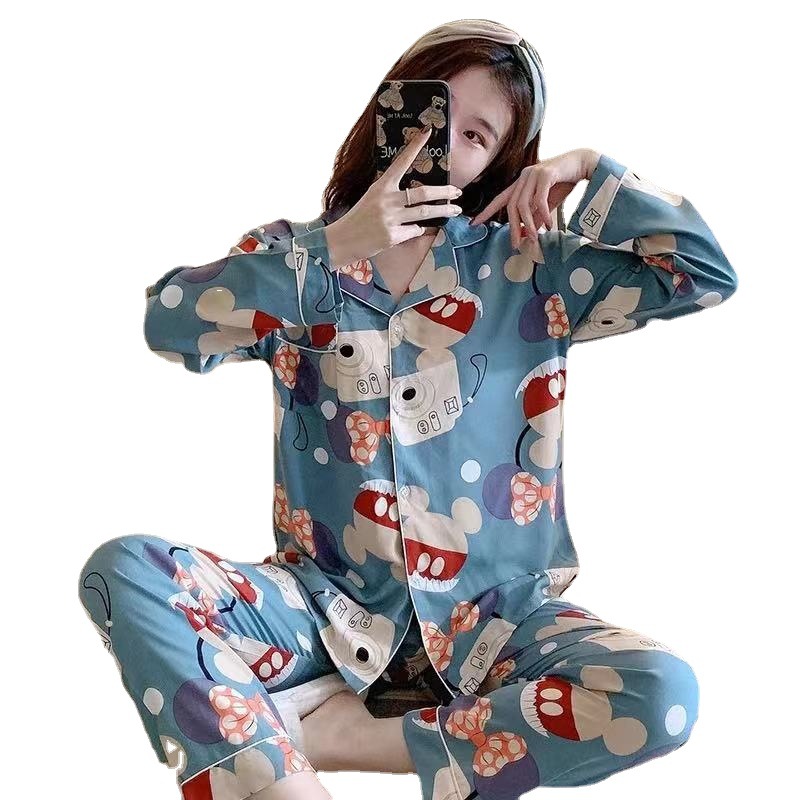 Pijamas de mujer a la moda 2025, conjunto de ropa de dormir japonesa con estampado de dibujos animados, cárdigan, pantalones largos y manga larga, fina, para primavera/verano