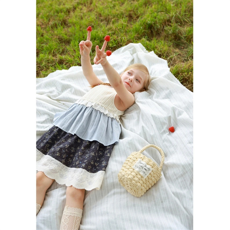 Qianqiu vestidos de cabina de chicas verano nuevos niños flores cortas pastel vestido de estilo de vacaciones