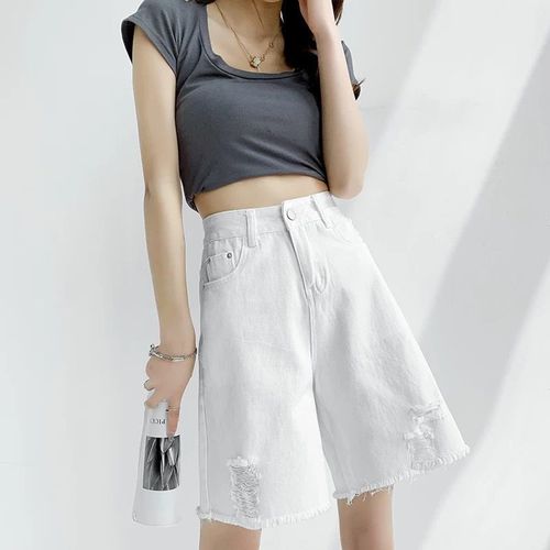 Women's Summer Thin High-Waisted Loose Slimming Embroidered Alphabet Straight Leg Wide White Shorts