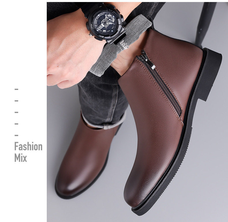 Giày bốt Martin nam cổ trung phong cách denim, mũi rộng, xích bên hông, đế cao su chống trượt, giữ ấm — Màu nâu lót da, Màu đen lót bông, Màu đen lót da chi tiết 15