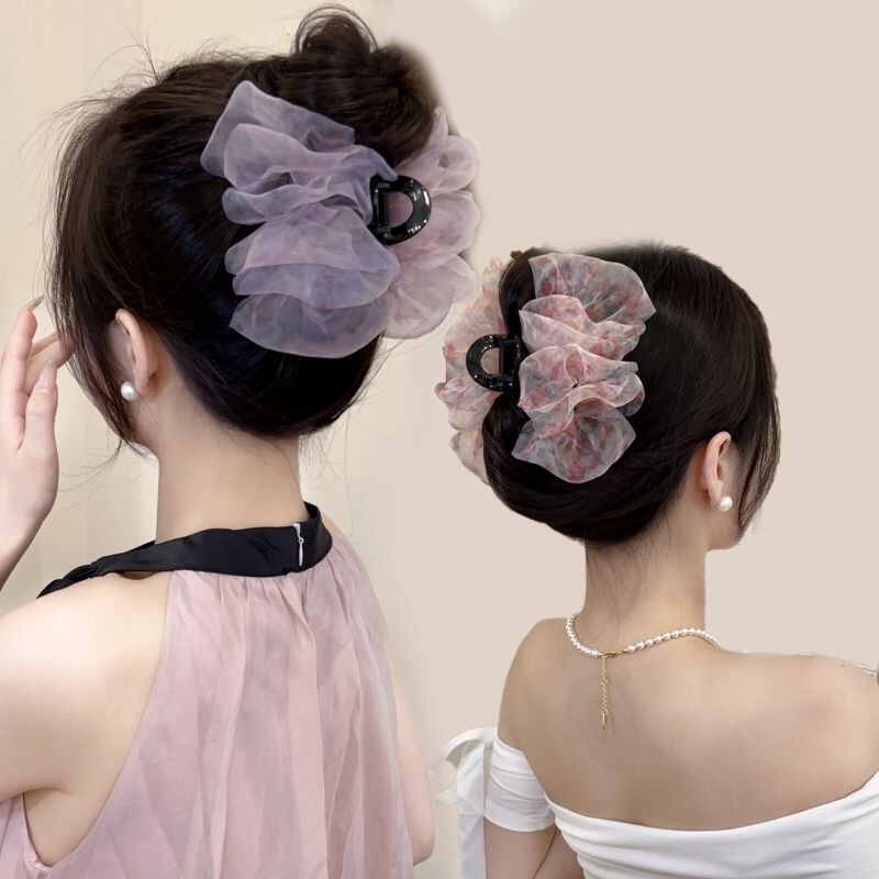 欧根纱碎花抓夹女2025新款发夹温柔复古后脑勺气质鲨鱼夹发卡头饰|undefined