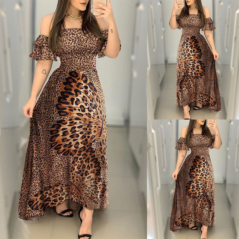 European and American dress off-shoulder wrapped chest butterfly printed waist large pendulum evening dress lotus leaf sleeve Amazon dress wholesale