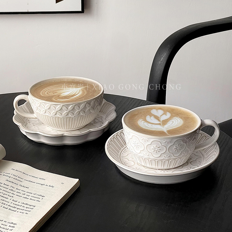 French Embossed Coffee Cup and Saucer Set, High-Looking Ceramic Cup, Retro Mug, Latte Cup, Afternoon Tea Cup French Embossed Coffee Cup and Saucer Set, High-Looking Ceramic Cup, Retro Mug, Latte Cup, Afternoon Tea Cup