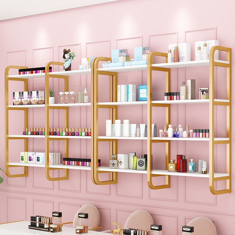 北欧墙上置物架美容美甲收纳展示架铁艺化妆品壁挂理发店多层书架