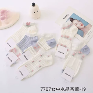 新款女士夏季超薄水晶丝船袜棉底洞洞空调短腰矮筒棉袜花边白色