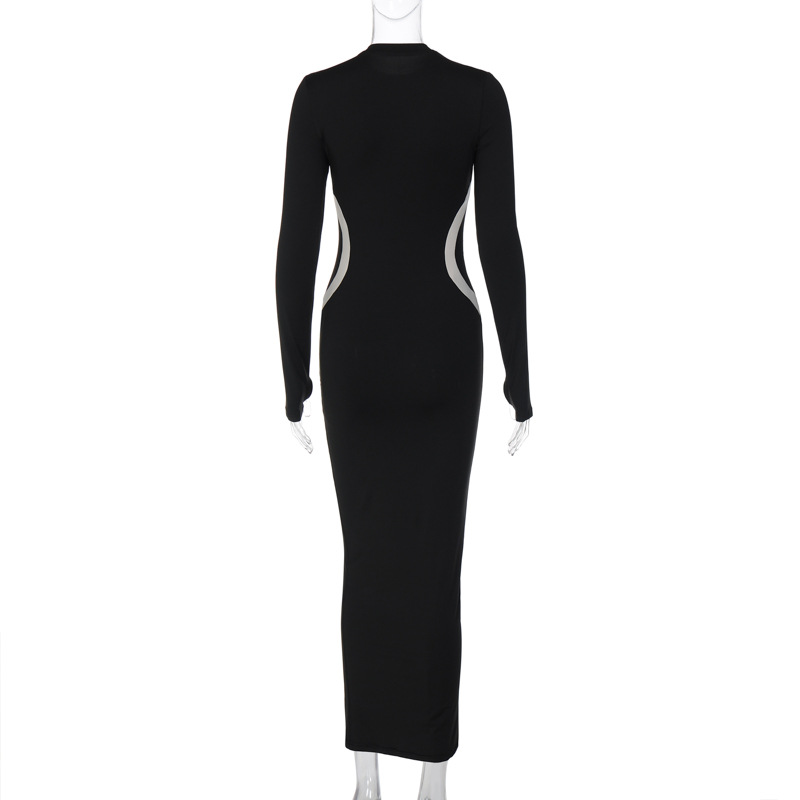 Women's Slim Fit Long Sleeve Round Neck Dress In Solid Colour_voghion.com