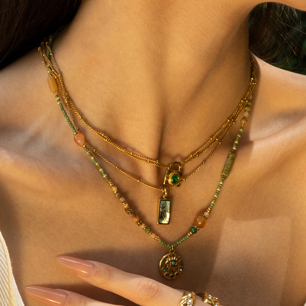 Taena, cerradura de acero inoxidable europea y americana, collar de múltiples capas, cuentas hechas a mano, cadena de clavícula de circón natural, joyería transfronteriza