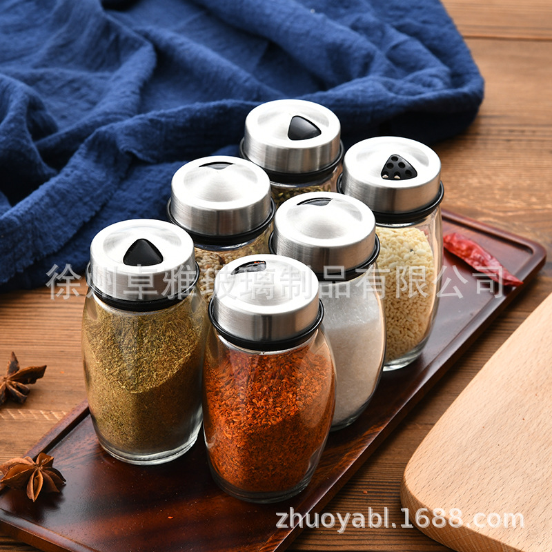 批发玻璃调味瓶旋转底座套装调料罐组合套装厨房不锈钢盖调料瓶|ru