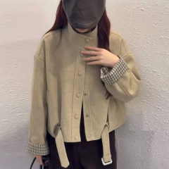 韩系格子拼接毛呢外套女秋冬款高级感气质显瘦百搭立领单排扣上衣