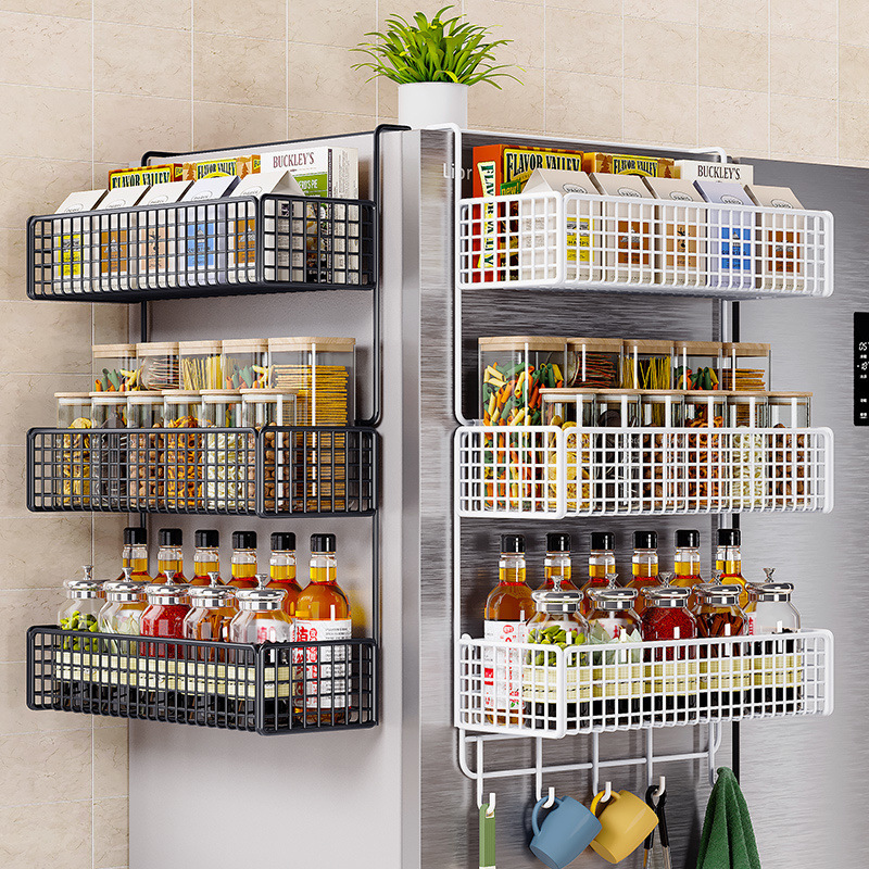 Estante de almacenamiento de refrigerador colgante lateral multifuncional toallas de cocina bolsa de película conservante condimento estante de almacenamiento para suministros domésticos