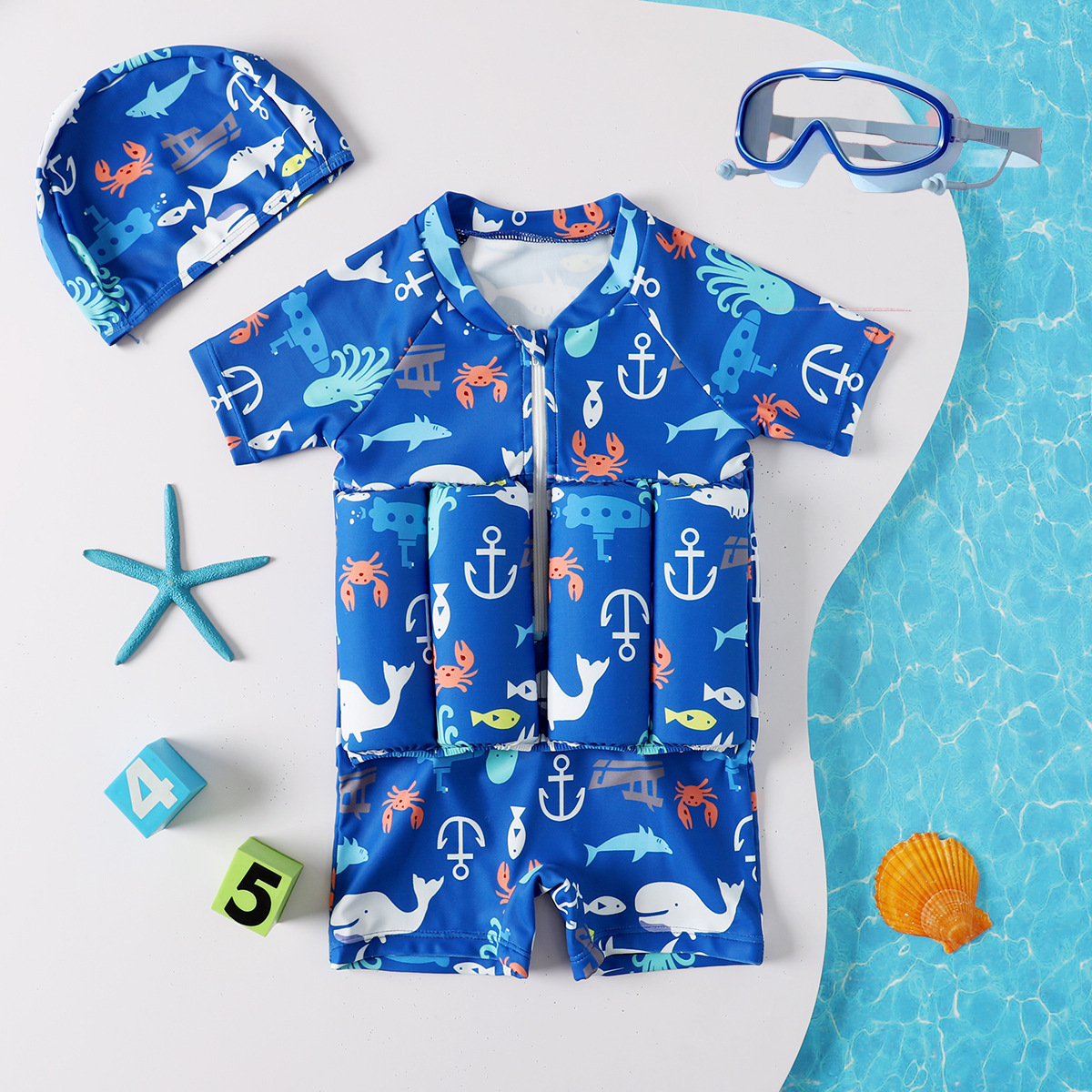 Blue swimsuit + swimming cap + blue large frame swimming goggles