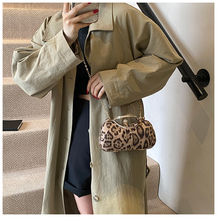 European and American style leopard print chain small square bag for women, 2024 new Korean style fashionable single-shoulder bag, flared crossbody dinner bag undefined