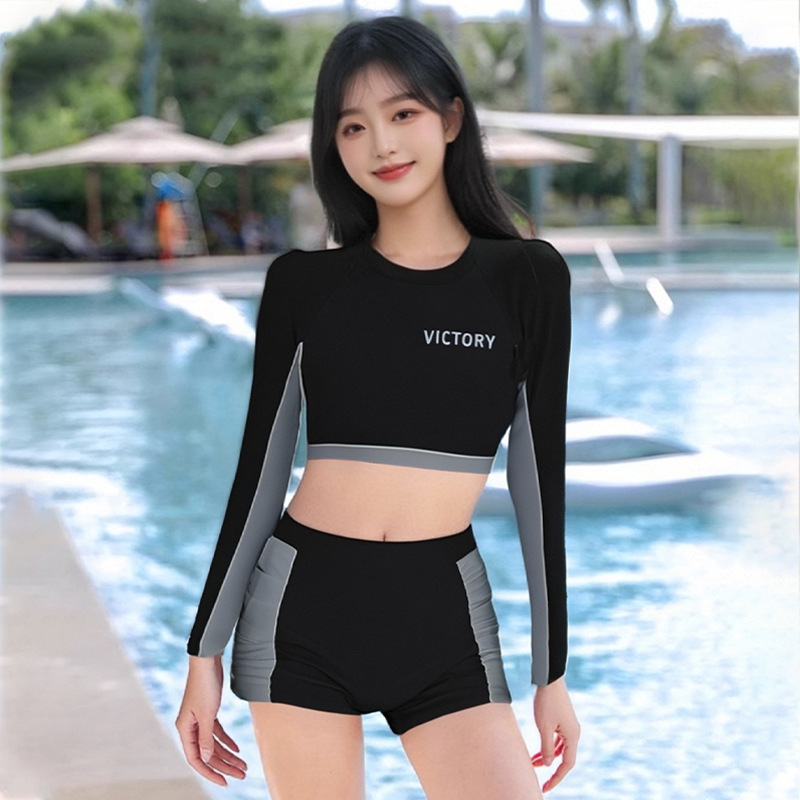 2025 traje de baño dividido con protector solar de manga larga de dos piezas para mujer, estilo deportivo de boxer conservador, traje de baño de vacaciones de aguas termales delgado