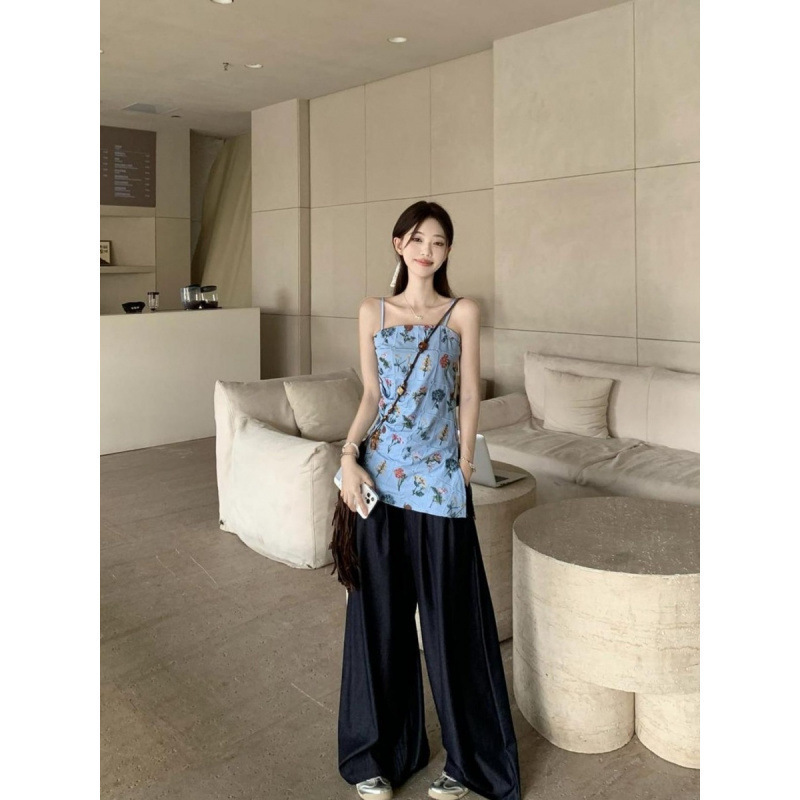 复古设计感套装女夏季2025新款花朵刺绣吊带背心阔腿休闲裤两件套|undefined